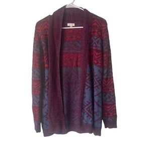 C Women's Size Medium Aztec Red Blue Western Open Front Cardigan Sweater